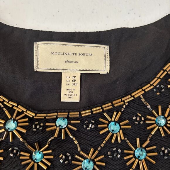 Anthropologie Moulinette Soeurs Lydia Black Beaded Floral Swing Dress 2P Boho - Picture 8 of 11